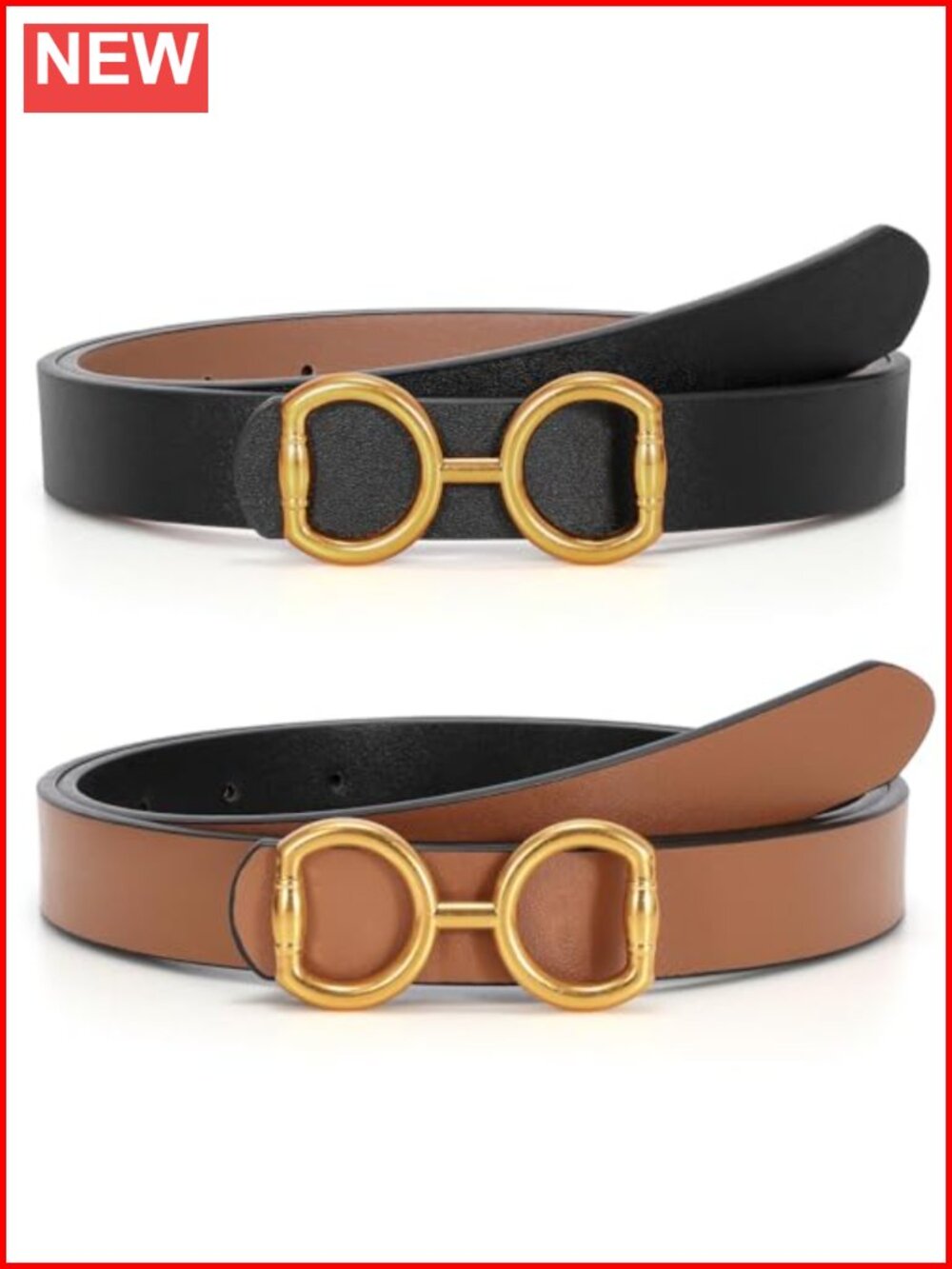Reversible PU Leather Belt Adjustable Gold Buckle Casual Dress